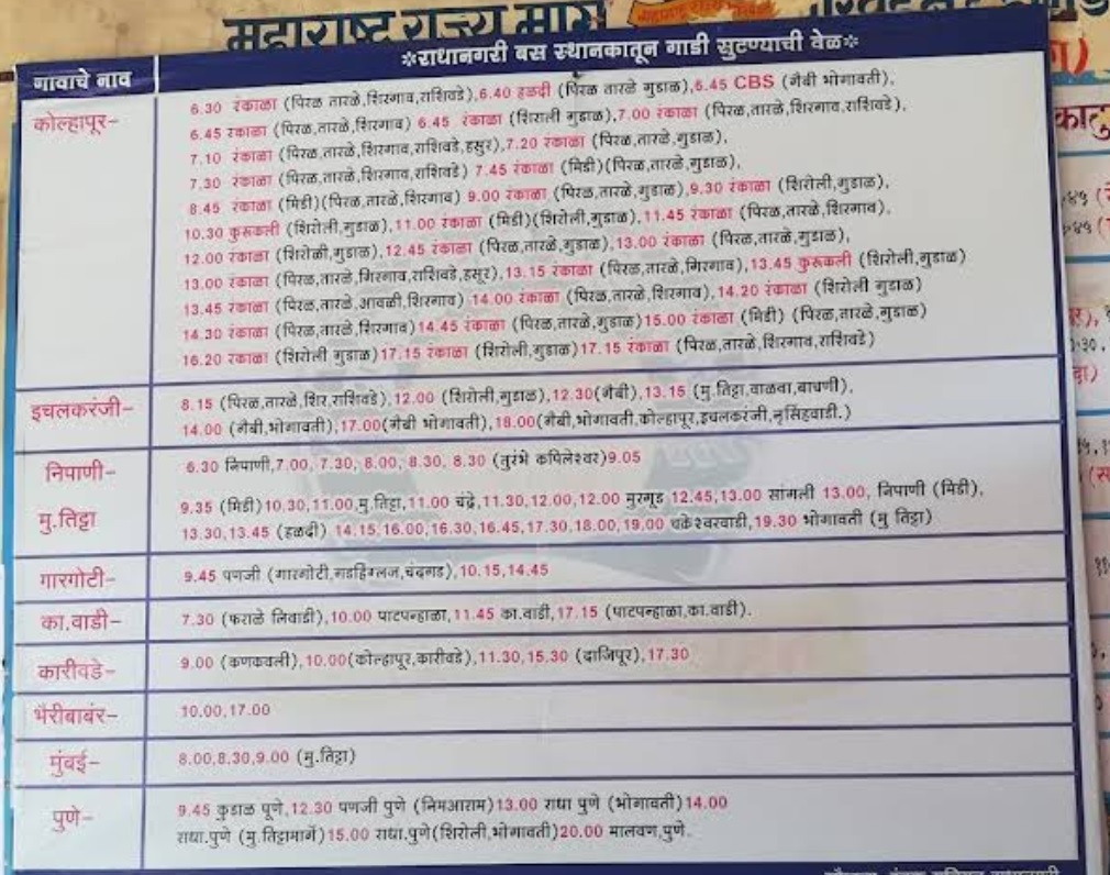 radhanagari bus stand time table chart